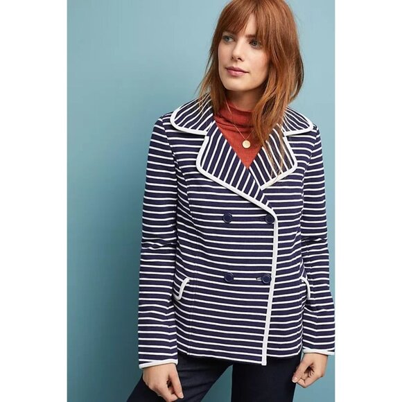 Anthropologie Jackets & Blazers - Anthropologie Stephanie Peacoat Striped Knit Jacket Size M Double Breasted Blue